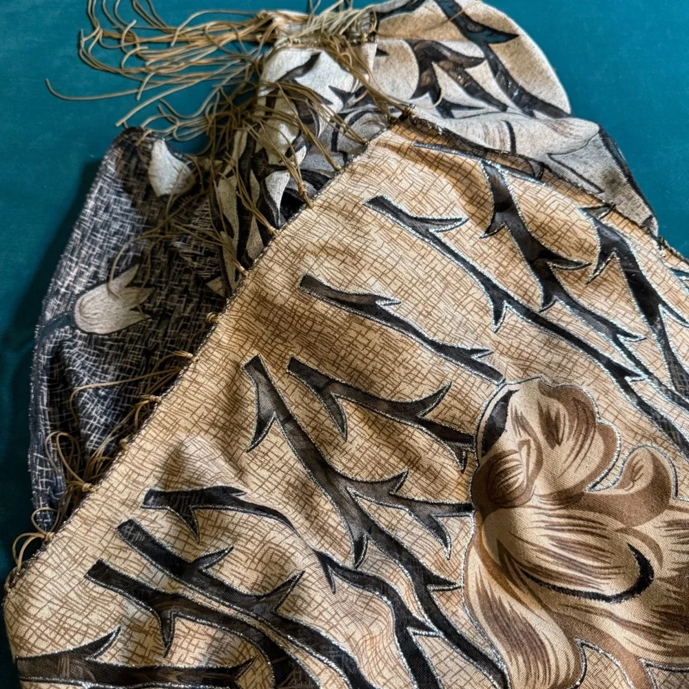 Elegant Floral Scarf Shawl Beige Brown Black Tassel Accent Statement Accessory‎